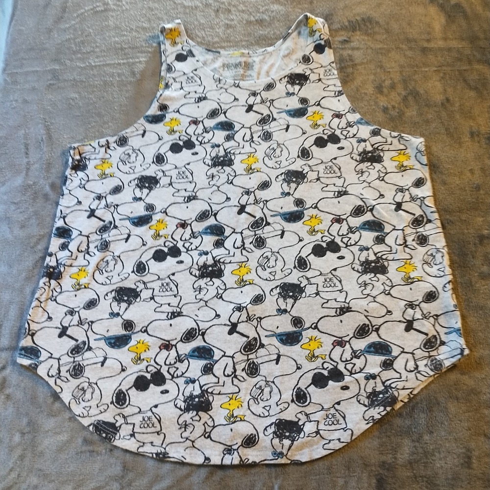 Snoopy Joe Cool Woodstock Tank Top Women's LG Gray All Over Graphic Printโ Retro